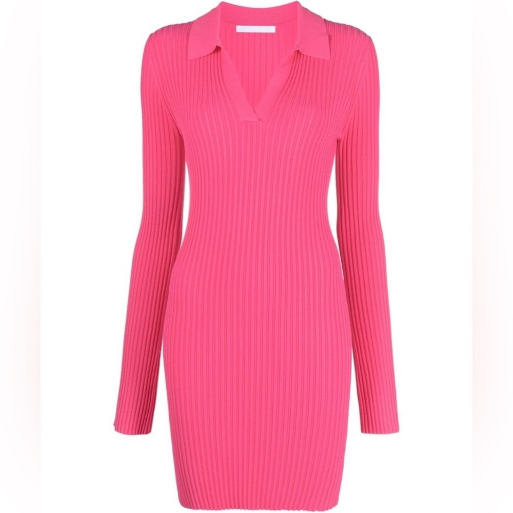NEW Helmut Lang Barbiecore Rose Ribbed Knit Collared Bodycon Sweater Mini Dress
